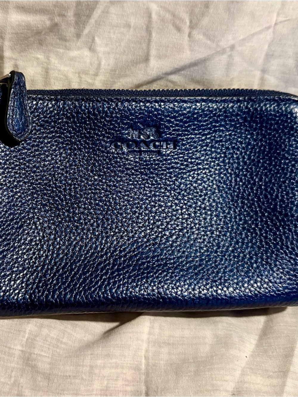Coach Double Zip Wristlet Midnight Navy Metallic Pebbled Leather Wallet Clutch